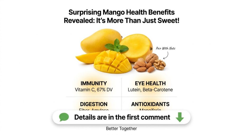 A visually appealing arrangement of whole half and cubed mangoes fresh mint and a handful of almonds and walnuts on a cl