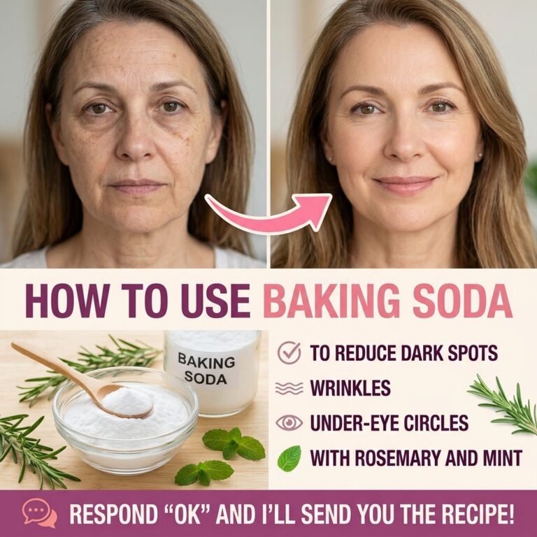 Before and after comparison of a woman s face with baking soda benefits listed alongside baking soda ingredients and ros