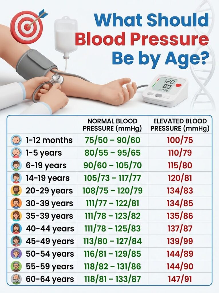 An infographic titled What Should Blood Pressure Be by Age showing normal and elevated blood pressure ranges across diff