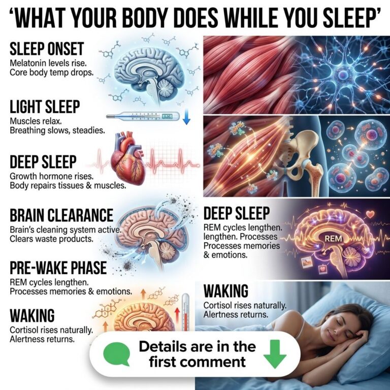 An infographic showing different sleep stages and what the body does during each with illustrations of the brain heart a