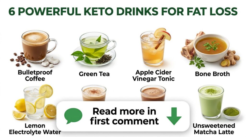 A collage showing six different keto morning drinks Bulletproof Coffee Green Tea Apple Cider Vinegar Tonic Bone Broth Le