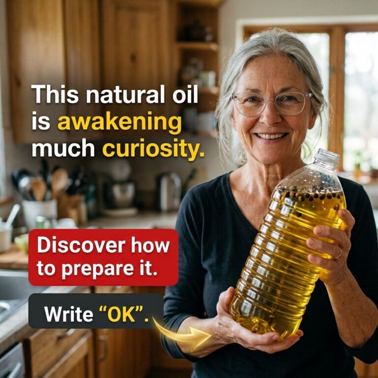 A friendly older woman with gray hair and glasses holding a large clear plastic bottle filled with a golden yellow oil a