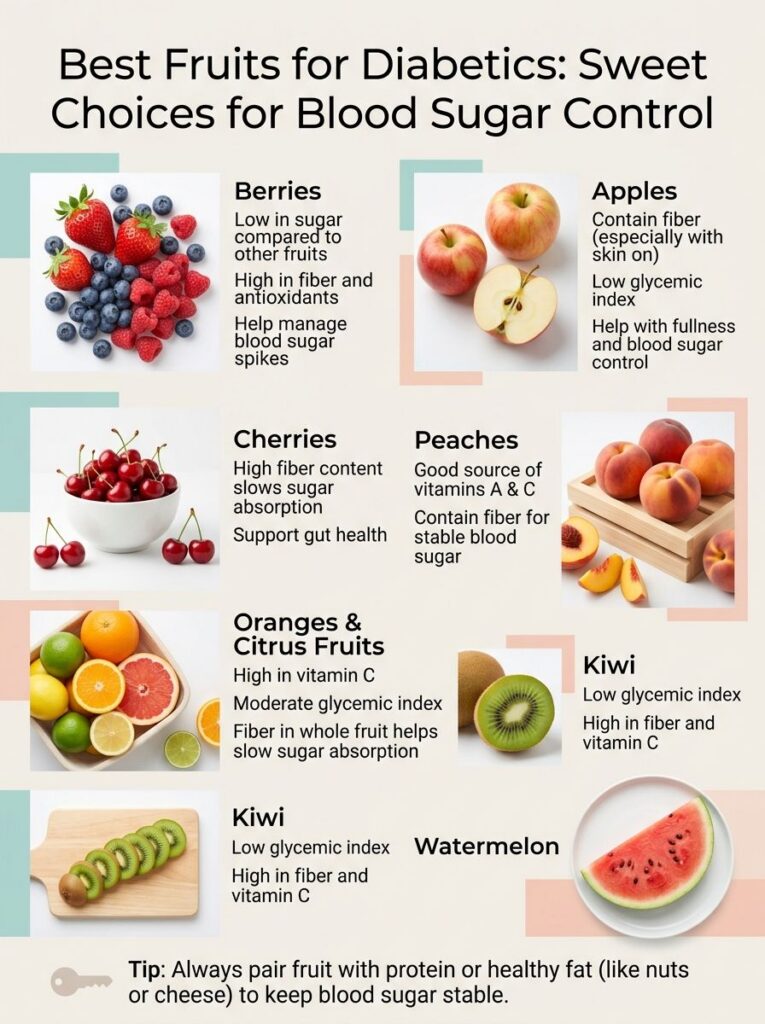 An infographic titled Best Fruits for Diabetics showing various fruits like berries apples oranges kiwi peaches cherries