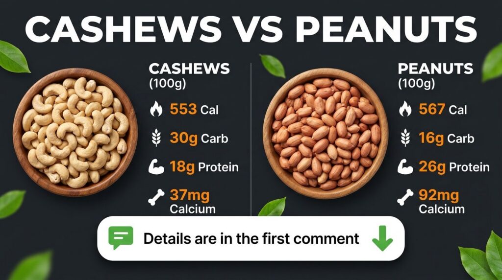 An infographic comparing the nutritional values of 100g cashews and 100g peanuts showing calories carbohydrates protein 