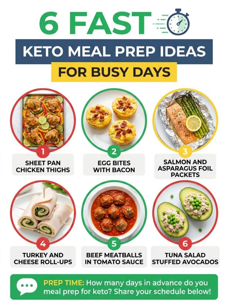 An infographic titled 6 Fast Keto Meal Prep Ideas for Busy Days showing six different keto dishes with a stopwatch icon 