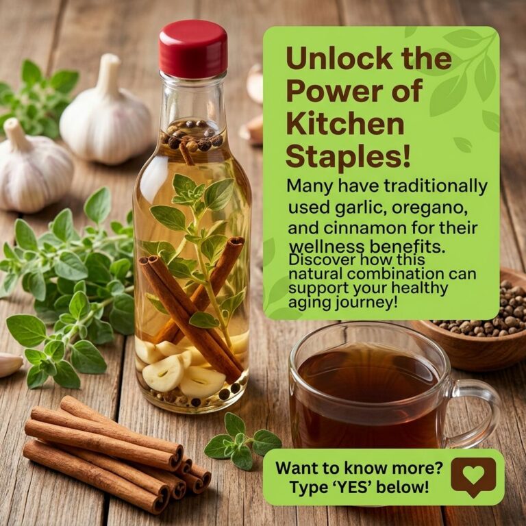 A rustic composition featuring a glass bottle of infused oil with garlic oregano and cinnamon surrounded by fresh ingred