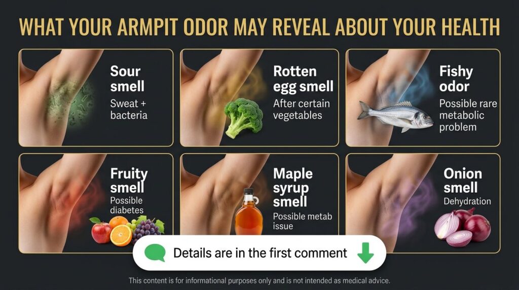 An infographic titled WHAT YOUR ARMPIT ODOR MAY REVEAL ABOUT YOUR HEALTH featuring six panels each depicting a specific 