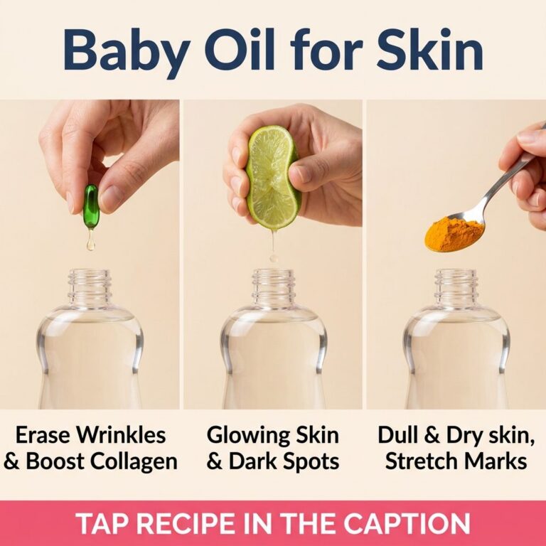Three vertical panels showing hands adding ingredients to baby oil Vitamin E for wrinkles lime for dark spots and turmer