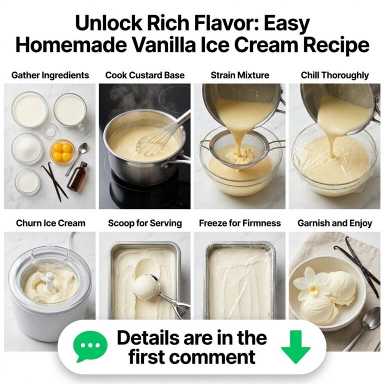 An 8-panel visual guide illustrating the step-by-step process of making homemade vanilla ice cream from ingredients to f