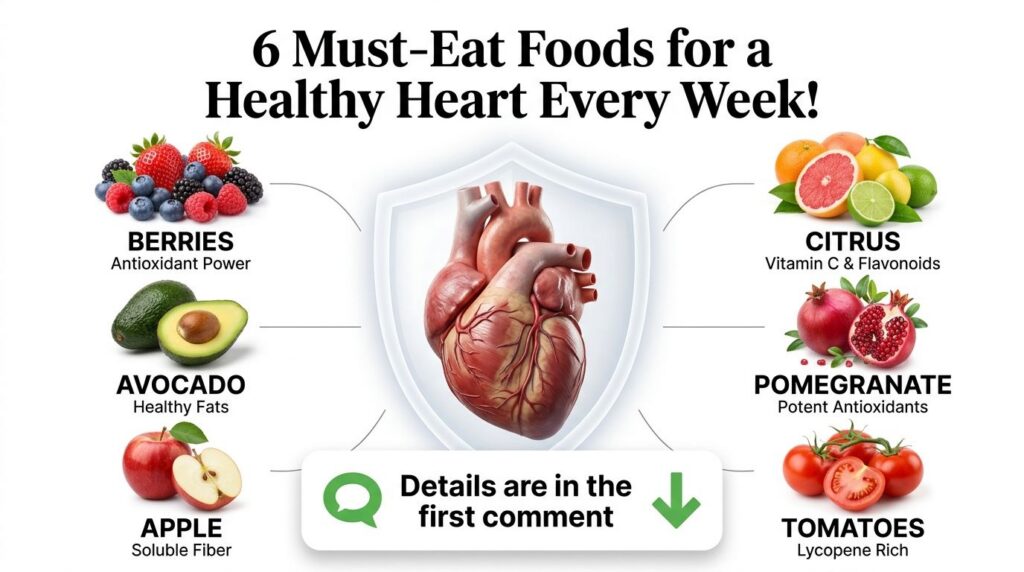 An infographic showing a stylized human heart surrounded by six clusters of heart-healthy foods Berries Avocado Apple Ci