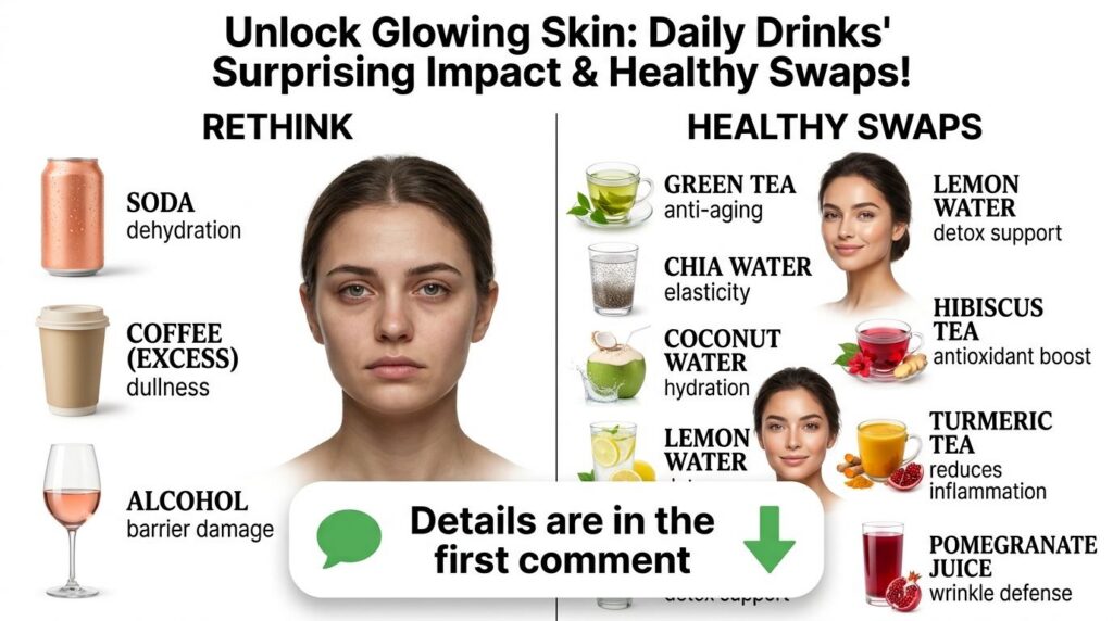 Infographic showing a comparison between unhealthy drinks soda coffee alcohol and their negative skin effects versus hea