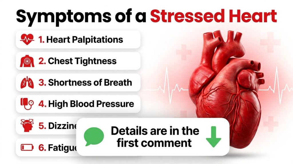 Infographic showing a list of Symptoms of a Stressed Heart on the left with icons and a 3D anatomical heart illustration