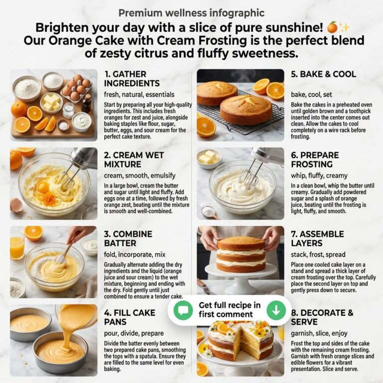 An infographic showing eight steps for making an orange cake with cream frosting featuring images of ingredients baking 