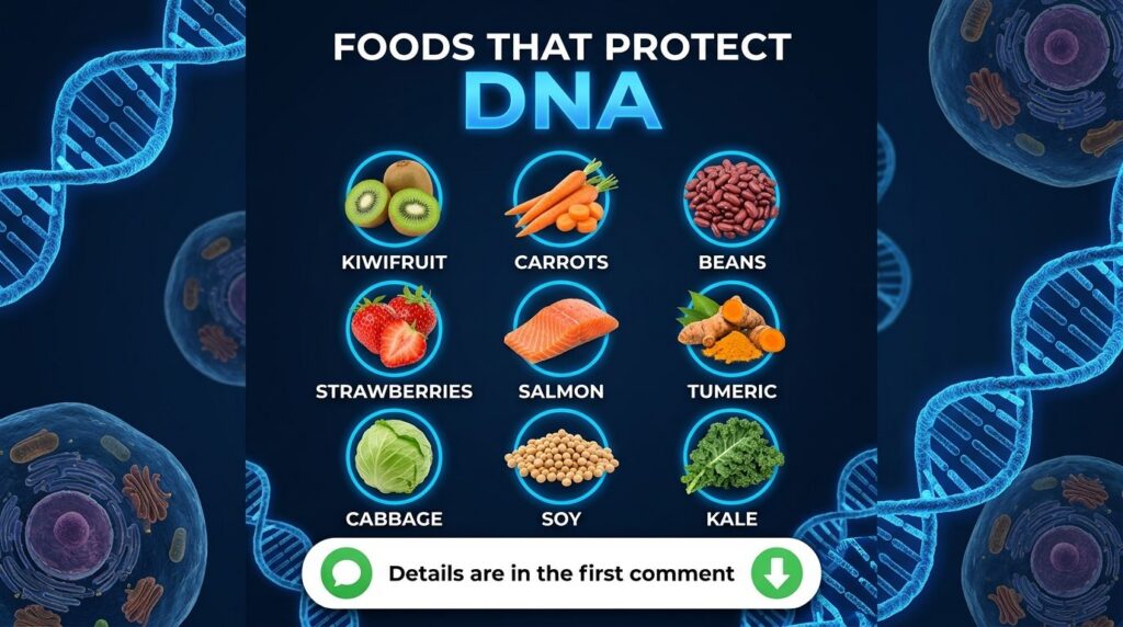A vibrant infographic displaying nine healthy foods kiwifruit carrots beans strawberries salmon turmeric cabbage soy kal