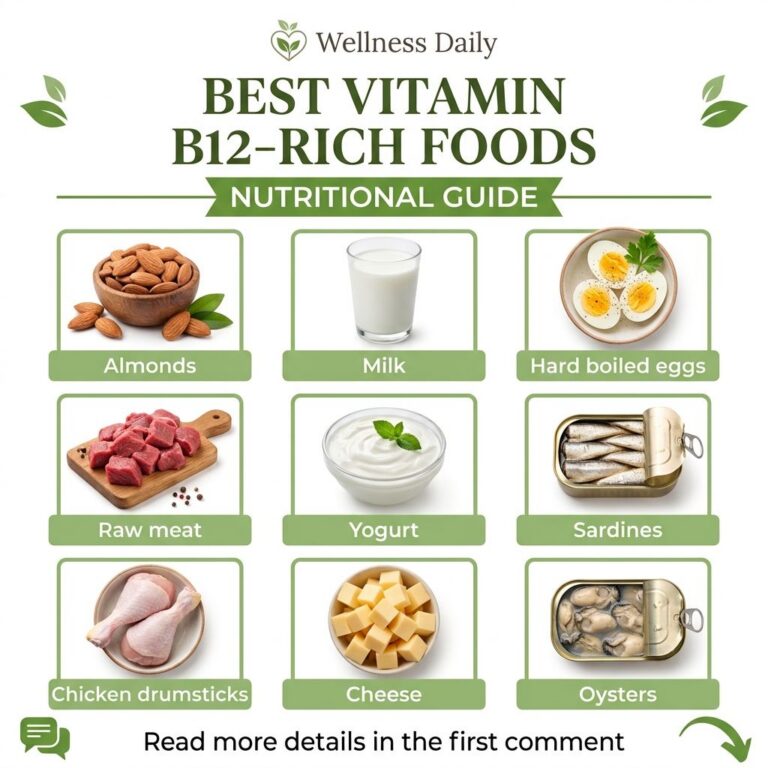An infographic titled BEST VITAMIN B12-RICH FOODS featuring a grid of nine distinct food items like almonds milk hard-bo