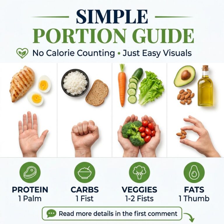 Infographic showing a simple hand portion guide for healthy eating illustrating protein palm carbs fist veggies cupped h