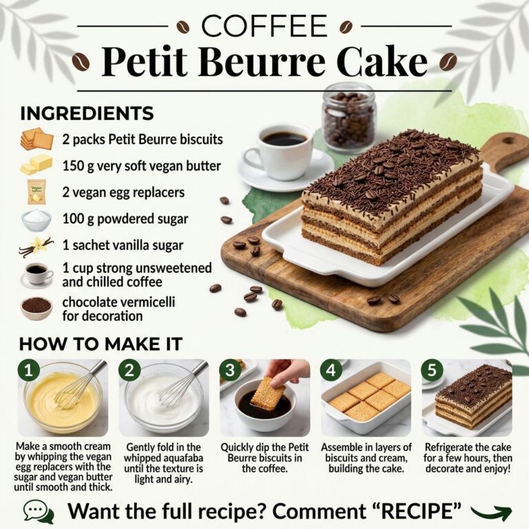 A beautifully plated Vegan Coffee Petit Beurre Cake presented on a white platter on a rustic wooden board surrounded by 