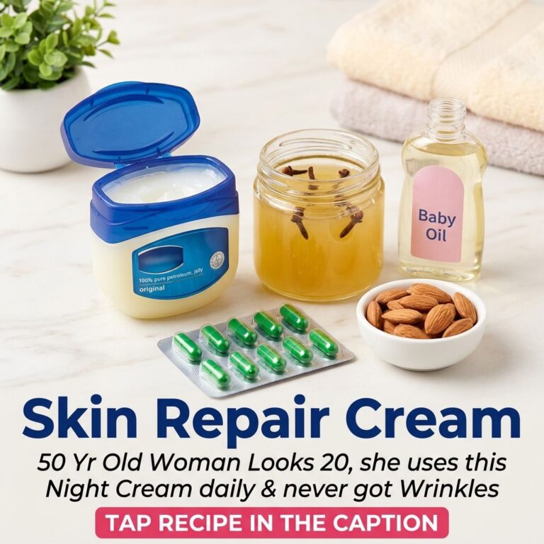 A flat lay of ingredients for a DIY skin repair cream including Vaseline baby oil vitamin E capsules cloves and almonds 