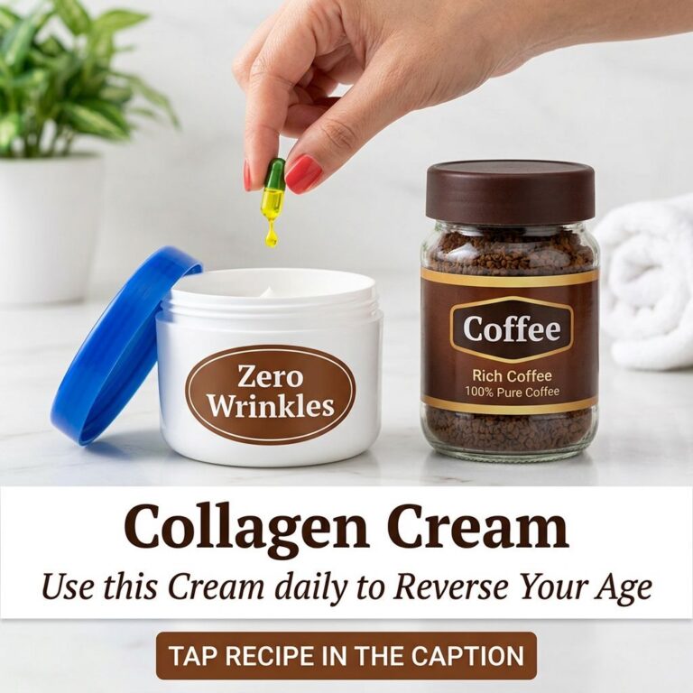 A hand with red nail polish squeezing a vitamin E capsule into a white jar labeled Zero Wrinkles next to a glass jar of 