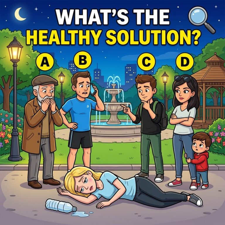 A night scene in a public park where a woman has collapsed next to an empty water bottle Four people A B C D are around 