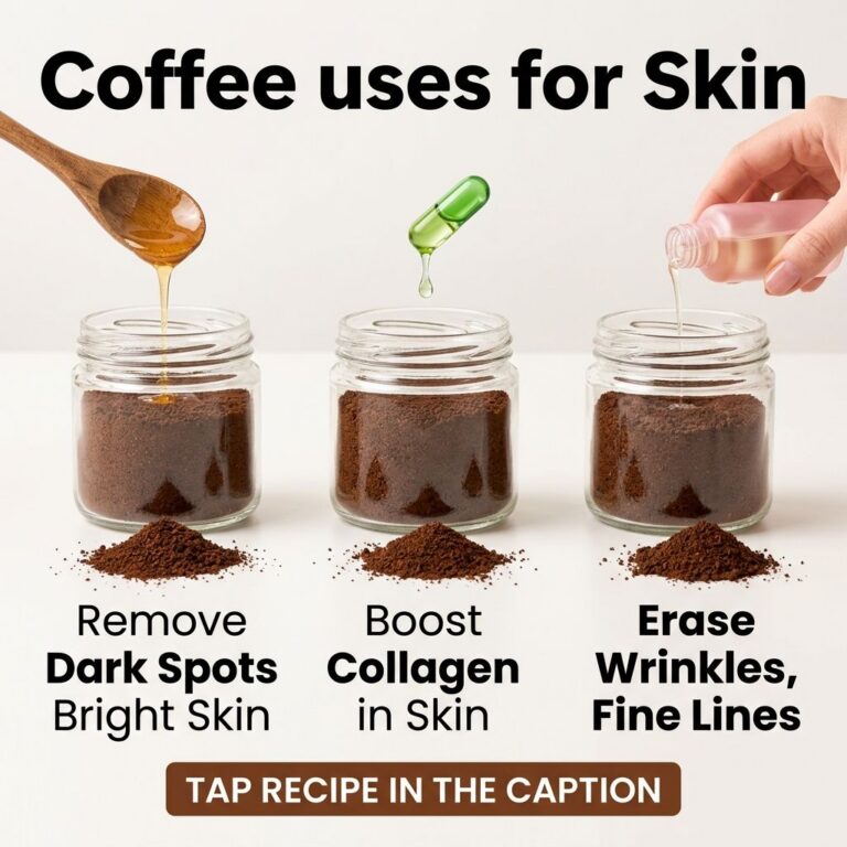 Three clear jars with coffee grounds each featuring an additional ingredient being added honey vitamin E oil and a gener