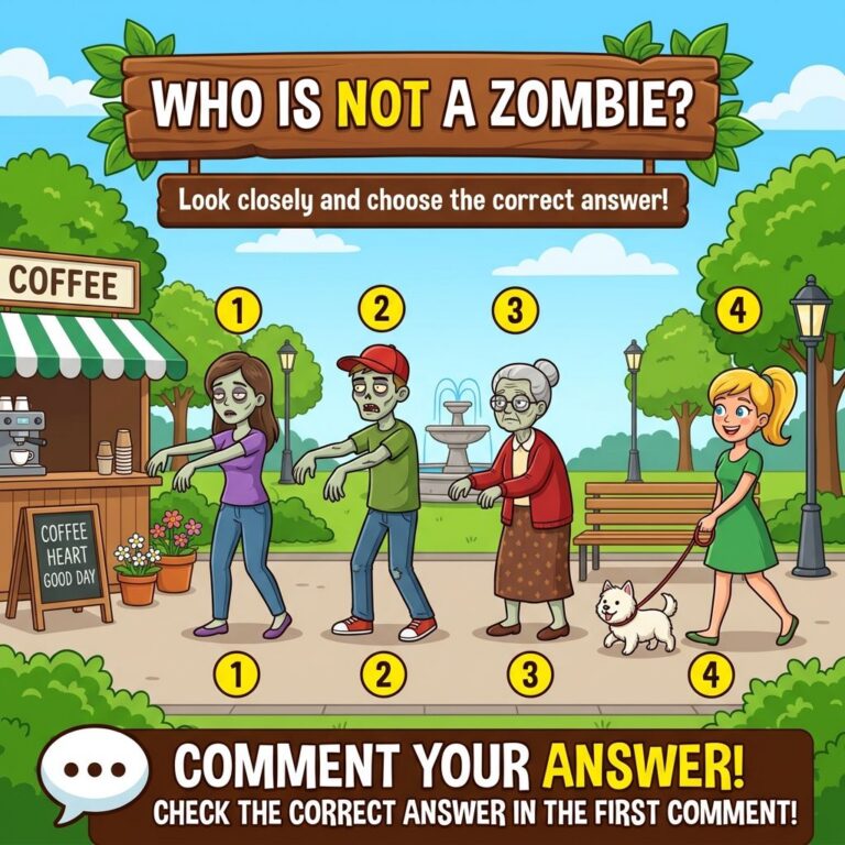 A vibrant cartoon-style visual quiz featuring four characters numbered 1 to 4 walking in a park Three characters are dep