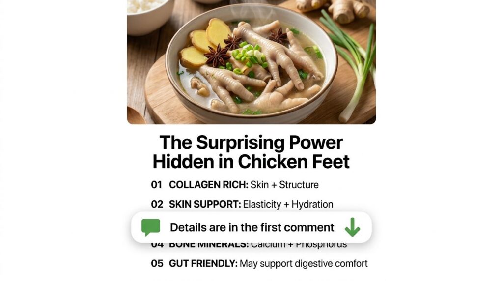 A bowl of chicken feet soup garnished with ginger star anise and green onions served on a wooden board with raw ginger a