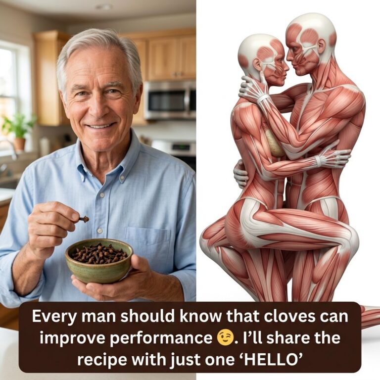 A smiling senior man holding a small bowl of cloves on one side and an anatomical illustration of an embracing couple on