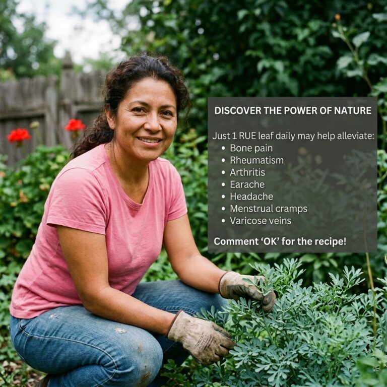 A smiling middle-aged Hispanic woman crouching in a vibrant garden actively tending to a bushy green RUE Ruda plant She 