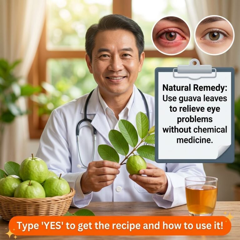 A friendly doctor or healthcare professional in a white lab coat holds up guava leaves and a guava fruit smiling warmly 