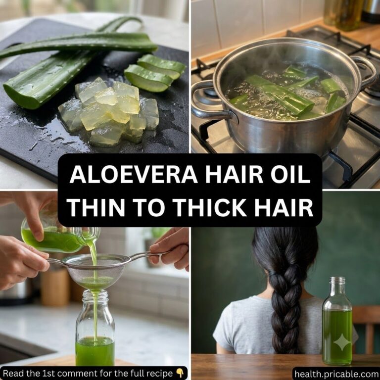 A four-panel collage showing the process of making DIY aloe vera hair oil including fresh aloe boiling straining and the