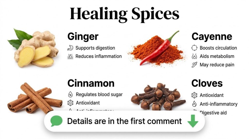 An infographic titled Healing Spices showcasing ginger cayenne cinnamon and cloves with their respective health benefits