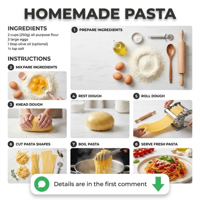 An infographic showing 8 steps for making homemade pasta starting with flour and eggs through kneading rolling cutting a