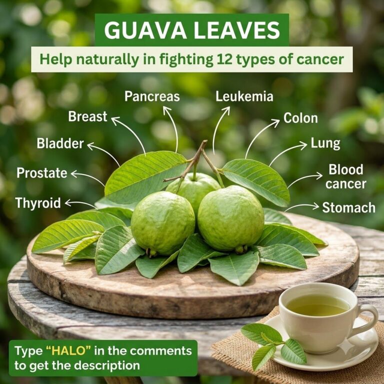 An infographic featuring guava fruits and leaves on a wooden board with a cup of guava leaf tea highlighting traditional