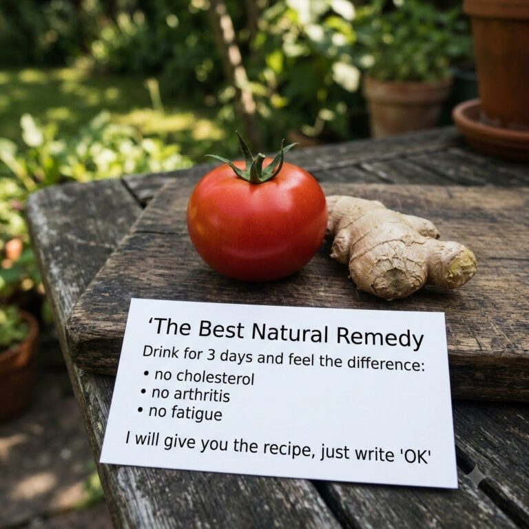 A vibrant red tomato and a piece of ginger root on a rustic wooden table with a card titled The Best Natural Remedy in t