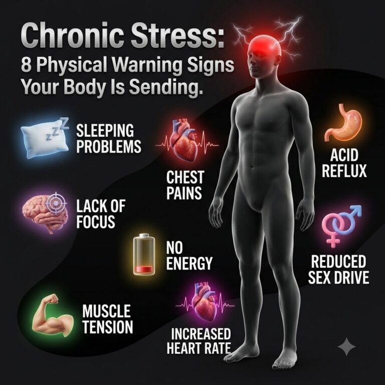 An infographic titled Chronic Stress 8 Physical Warning Signs Your Body Is Sending featuring a stylized human body with