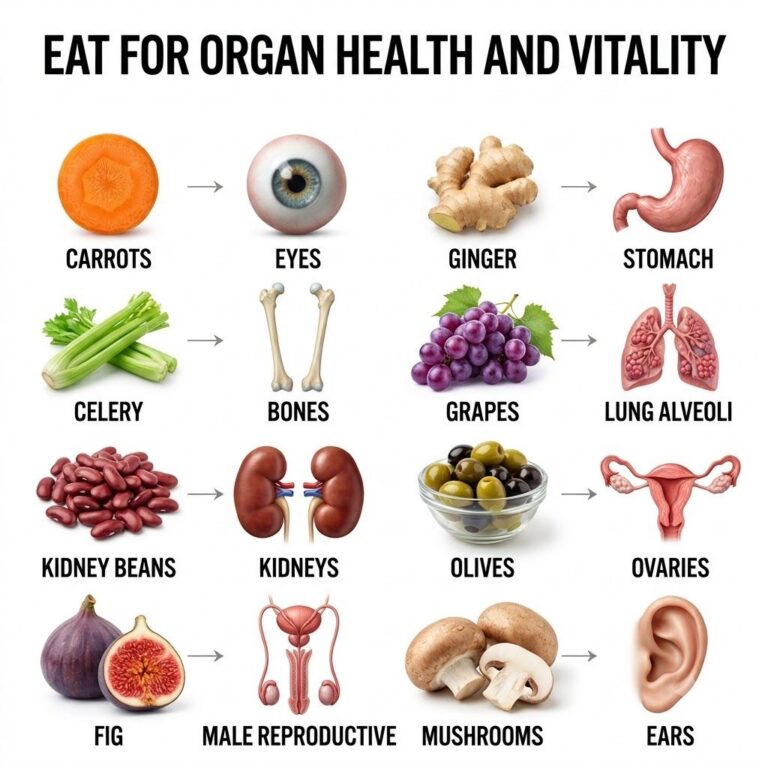 A grid or collage infographic depicting various foods like carrots celery kidney beans grapes figs ginger olives and mus