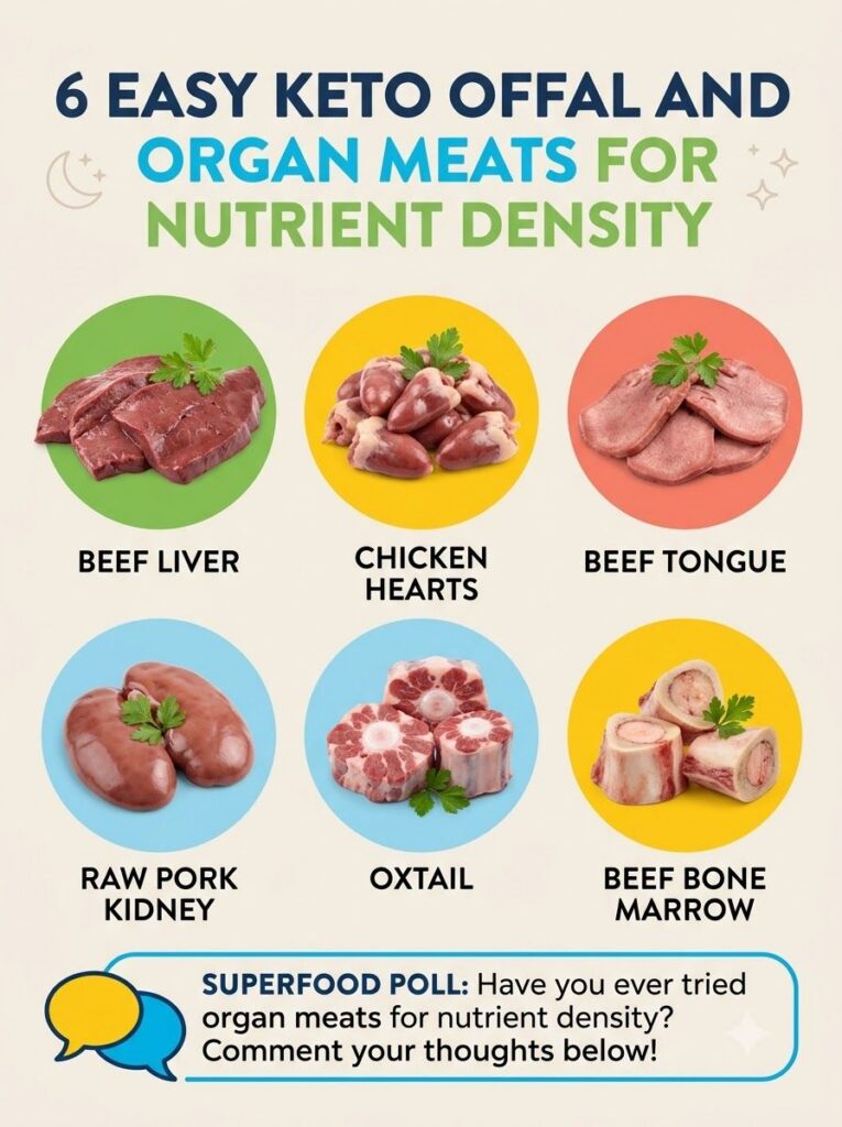 An infographic titled 6 Easy Keto Offal and Organ Meats for Nutrient Density showing circular frames with raw Beef Liver