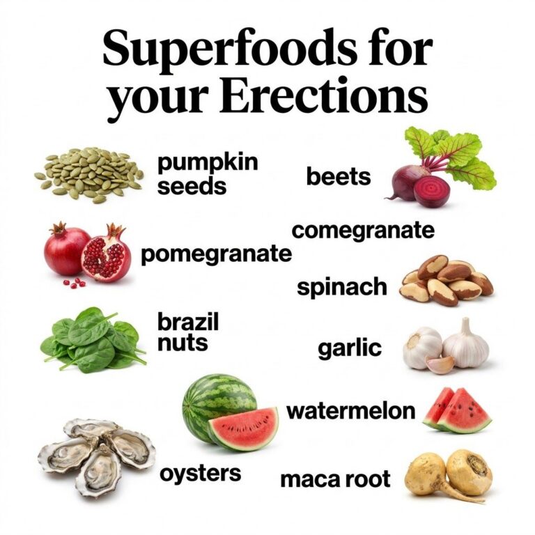 A grid of nine superfoods for men s health and erections including pumpkin seeds pomegranates spinach oysters watermelon