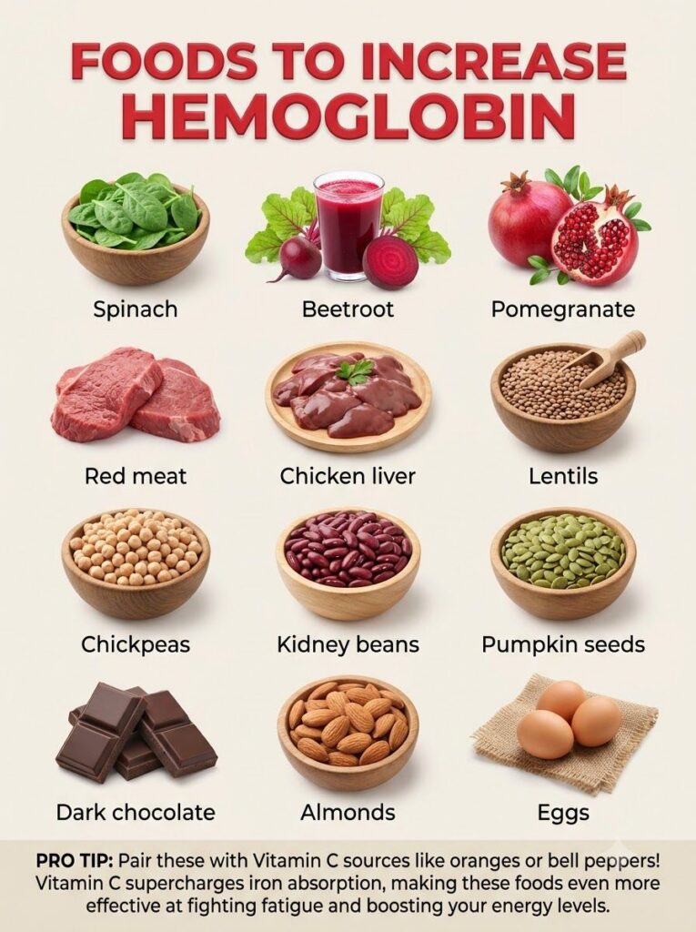 An infographic showing 12 iron-rich foods to increase hemoglobin spinach beetroot pomegranate red meat chicken liver len