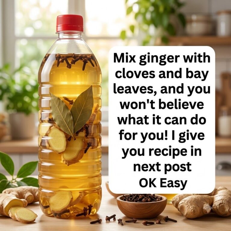 A clear bottle filled with amber liquid infused with ginger slices whole cloves and bay leaves on a wooden counter with 