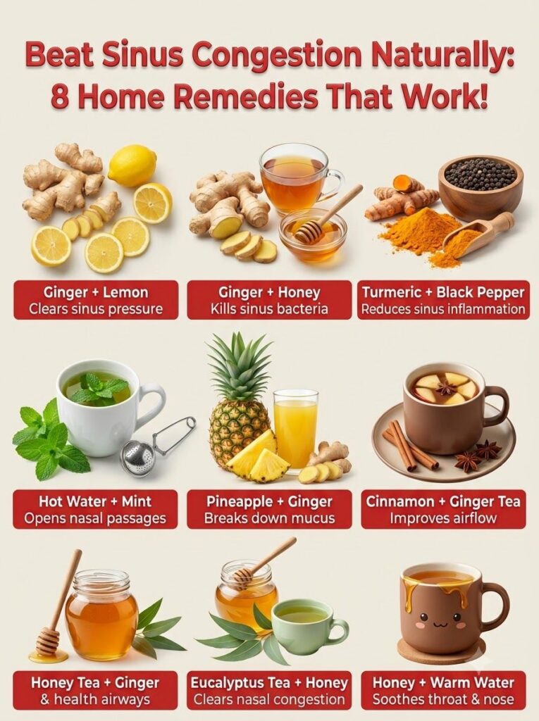 A detailed infographic showing 8 natural home remedies for sinus congestion with vibrant images of ingredients like ging
