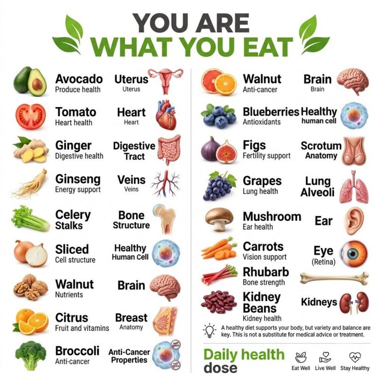 An infographic titled YOU ARE WHAT YOU EAT showing various foods paired with specific organs or body parts and their ben