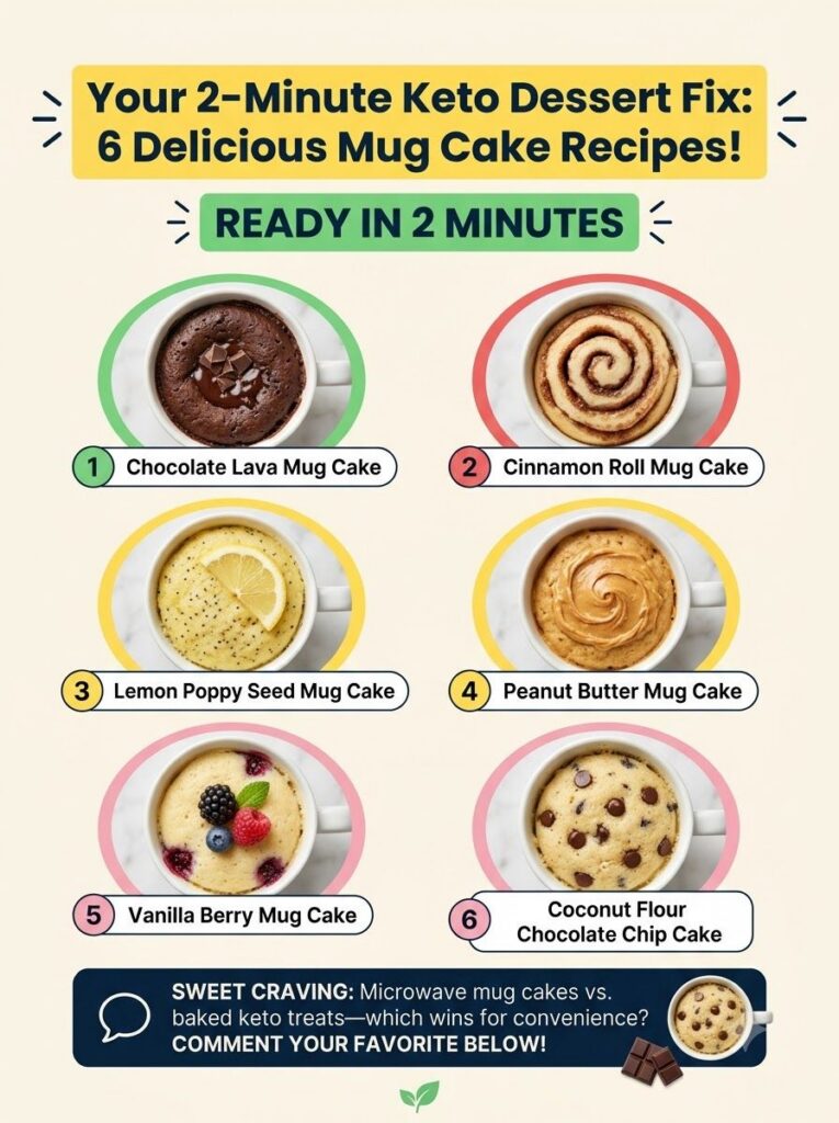A graphic showing six different keto-friendly mug cakes in white mugs labeled with flavors like Chocolate Lava Cinnamon 