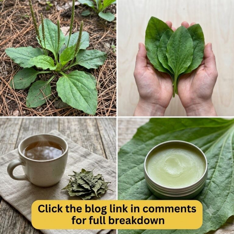 A four-panel collage showing a plantain plant in nature hands holding fresh plantain leaves a mug of plantain tea with d