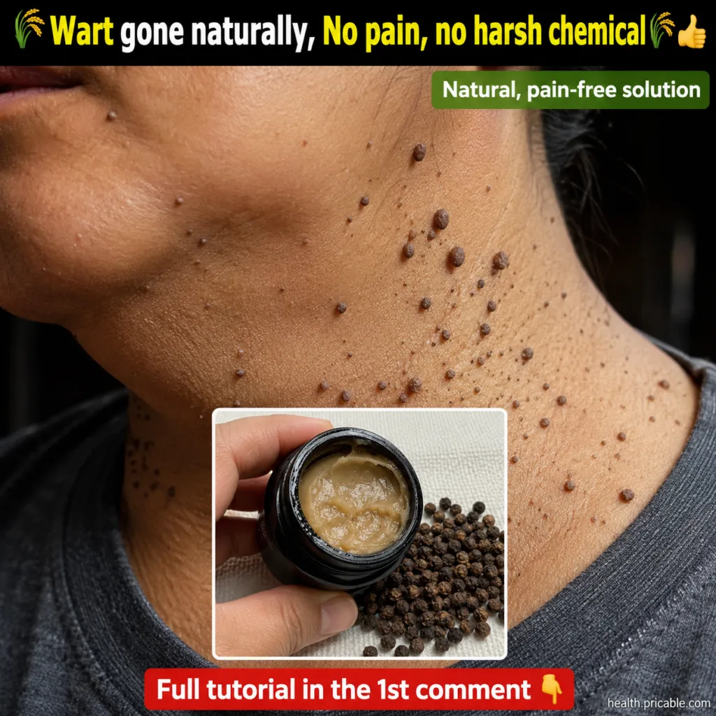 A composite image showing skin tags on a neck and an inset of a creamy jar next to black peppercorns