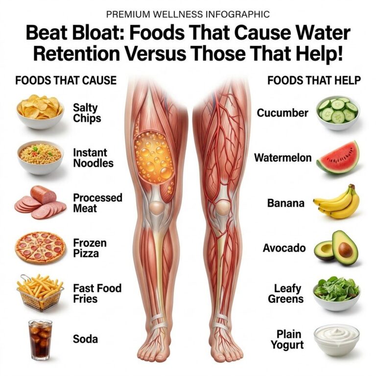 A visual comparison of a bloated leg versus a lean leg flanked by two columns of food The left column shows processed fo