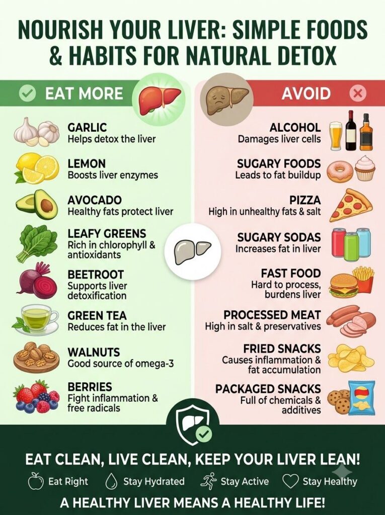 An infographic titled NOURISH YOUR LIVER SIMPLE FOODS HABITS FOR NATURAL DETOX showing two columns EAT MORE with benefic
