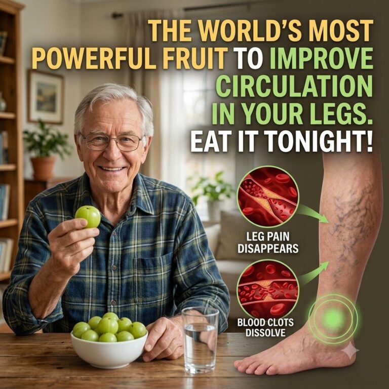 An elderly man smiling holding a green fruit with a bowl of similar fruit and a glass of water on a wooden table The sce