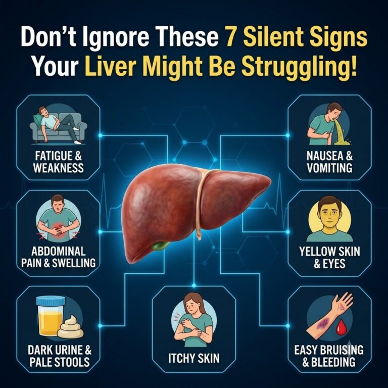 An infographic titled Don t Ignore These 7 Silent Signs Your Liver Might Be Struggling showing a central liver illustrat